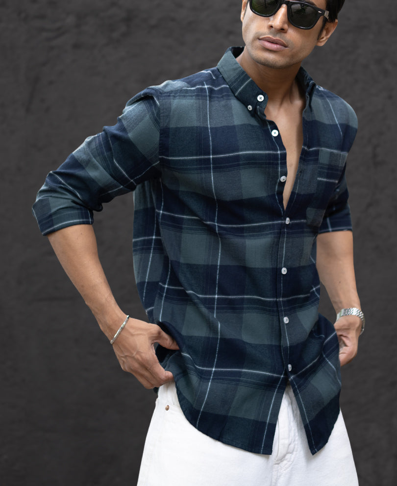 Dark Navy Checked Button Down Shirt