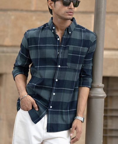Dark Navy Checked Button Down Shirt