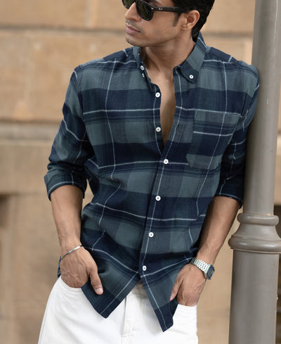 Dark Navy Checked Button Down Shirt