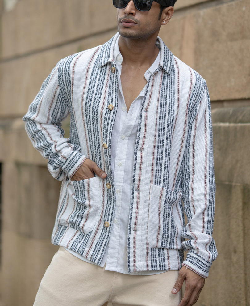 White Structured Stripe Shacket