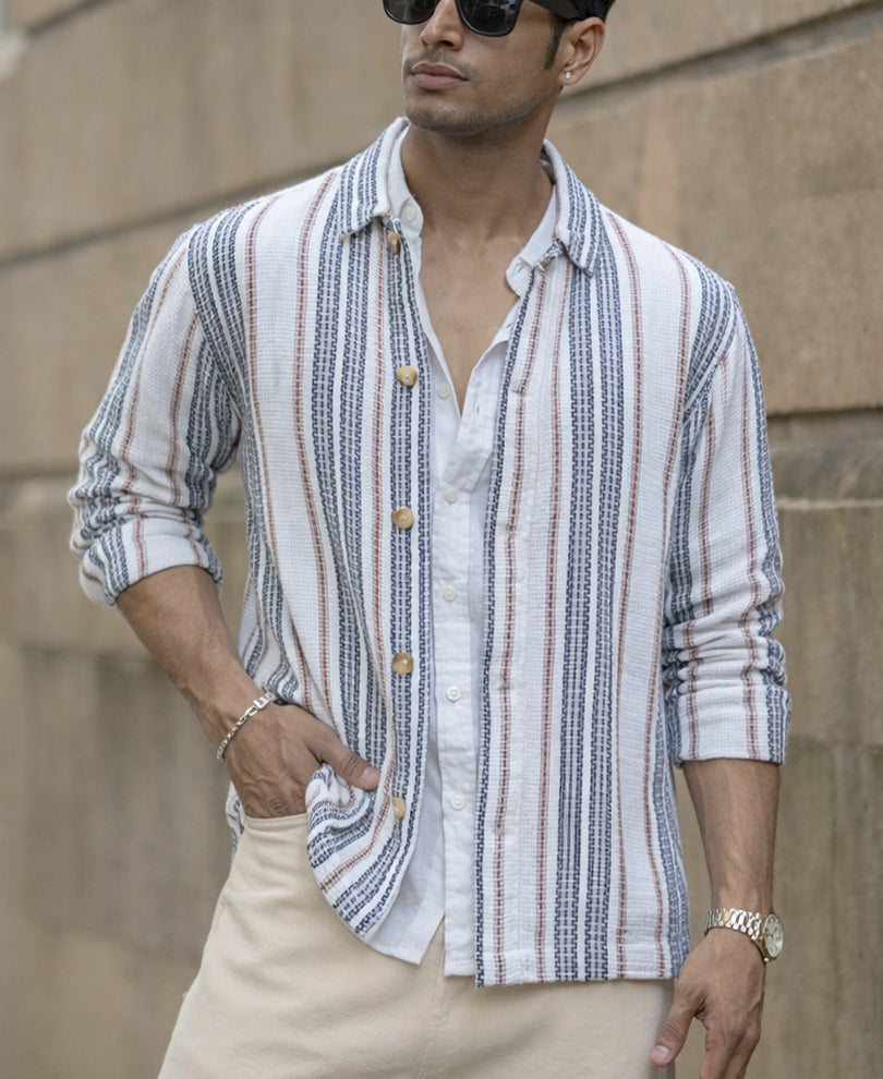 White Structured Stripe Shacket