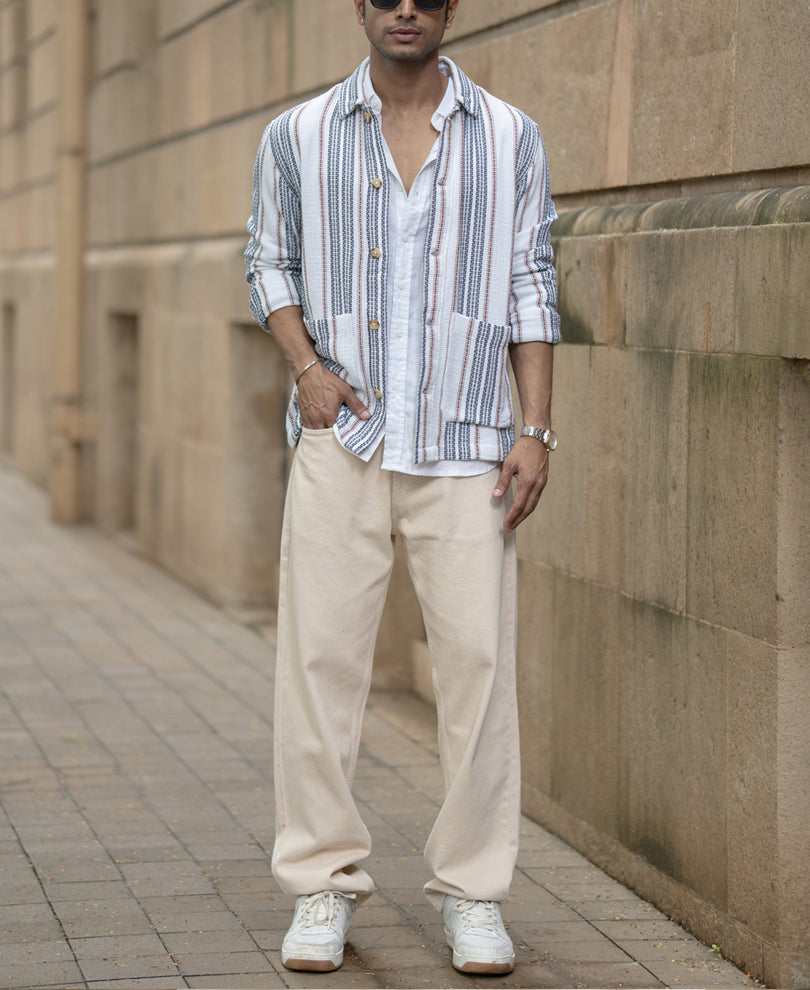 White Structured Stripe Shacket