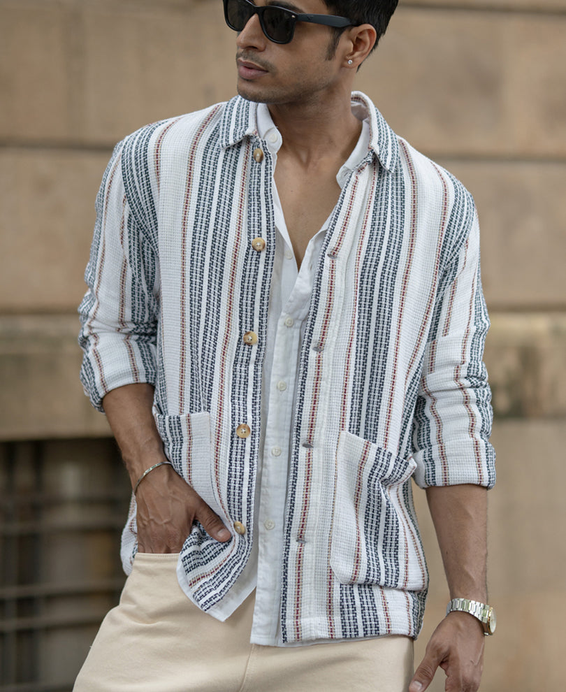 White Structured Stripe Shacket