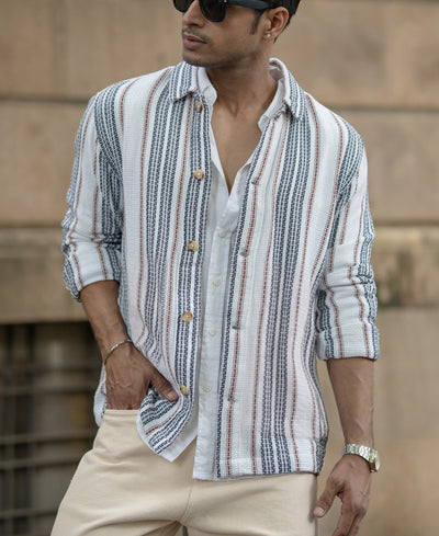 White Structured Stripe Shacket