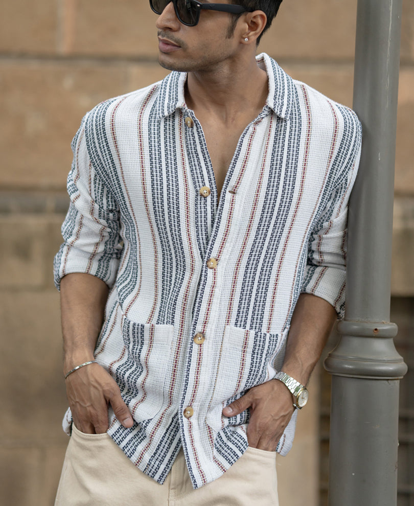 White Structured Stripe Shacket