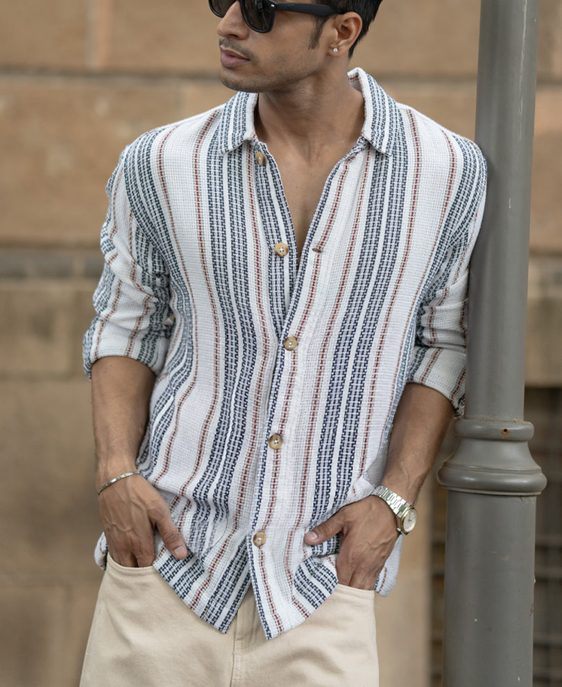 White Structured Stripe Shacket