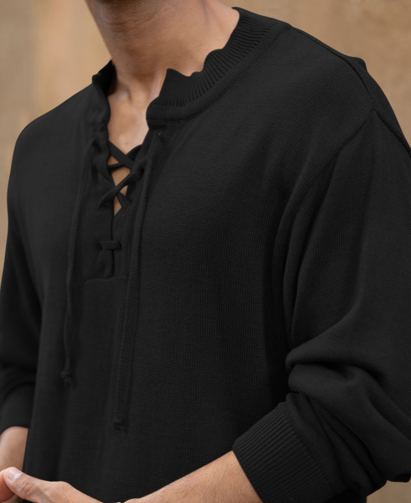 Black Knitted Henley Full Sleeves T-Shirt