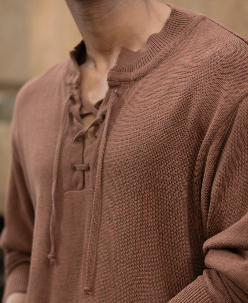 Dark Tan Knitted Henley T-Shirt