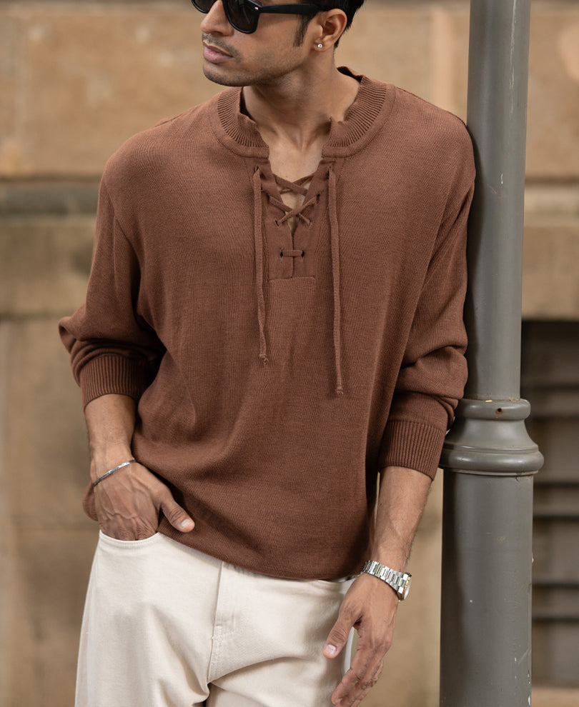 Dark Tan Knitted Henley T-Shirt