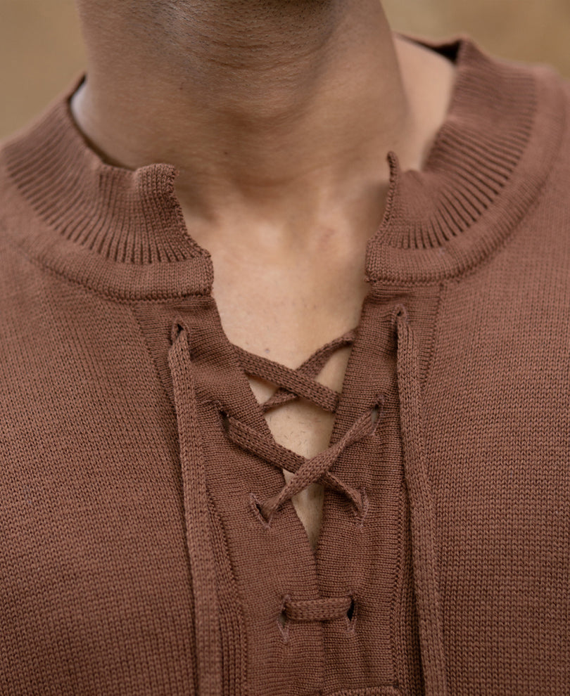 Dark Tan Knitted Henley T-Shirt