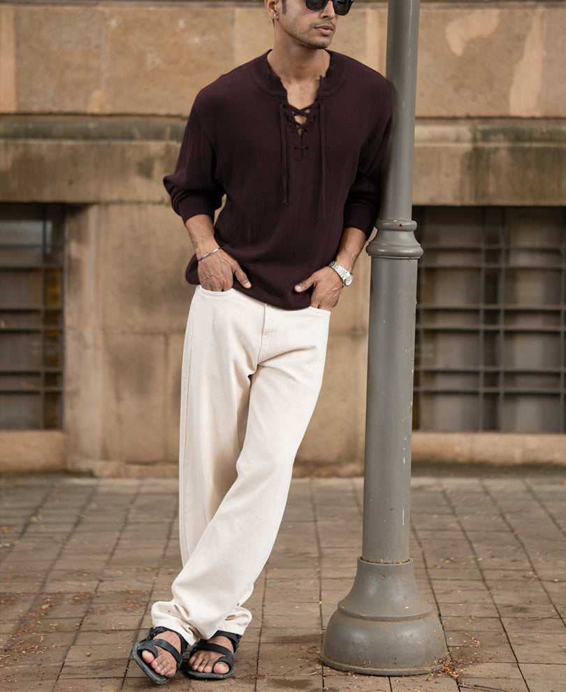 Wine Knitted Henley T-Shirt