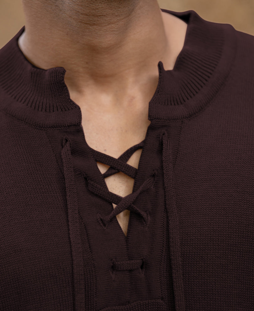 Wine Knitted Henley T-Shirt
