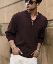 Wine Knitted Henley T-Shirt