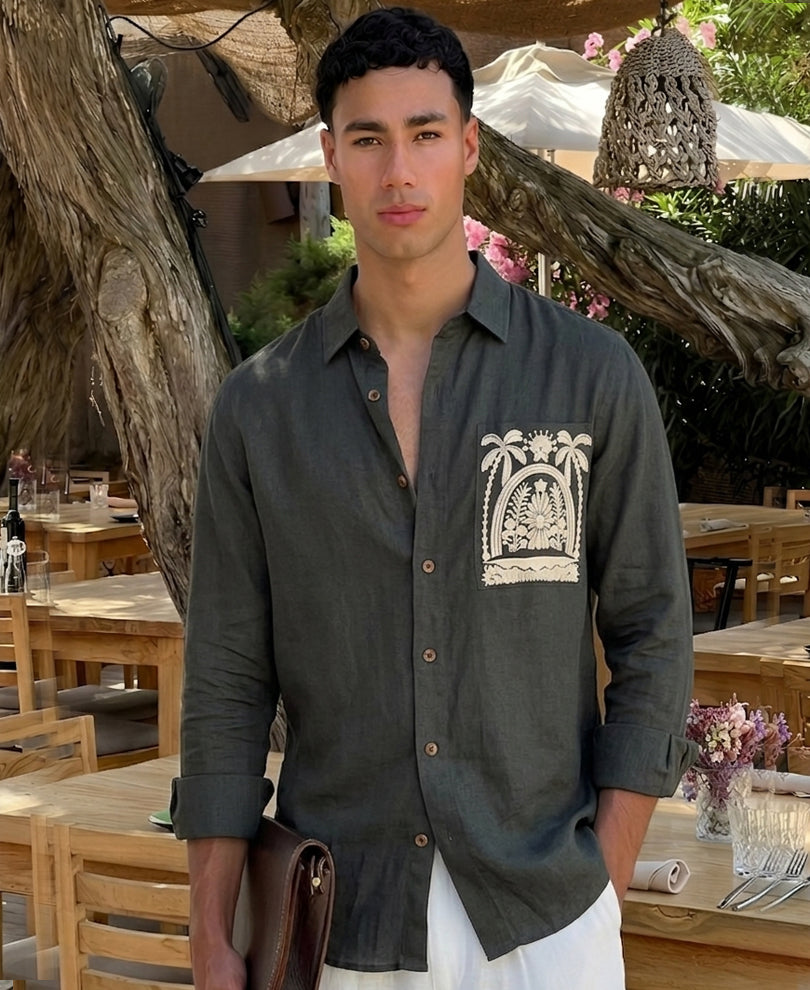 Dark Green Linen Blend Embroidered Shirt