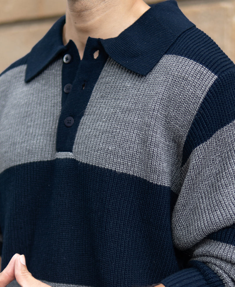Grey And Navy Knit Striped Polo Sweater