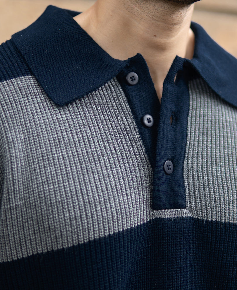 Grey And Navy Knit Striped Polo Sweater
