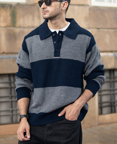 Grey And Navy Knit Striped Polo Sweater