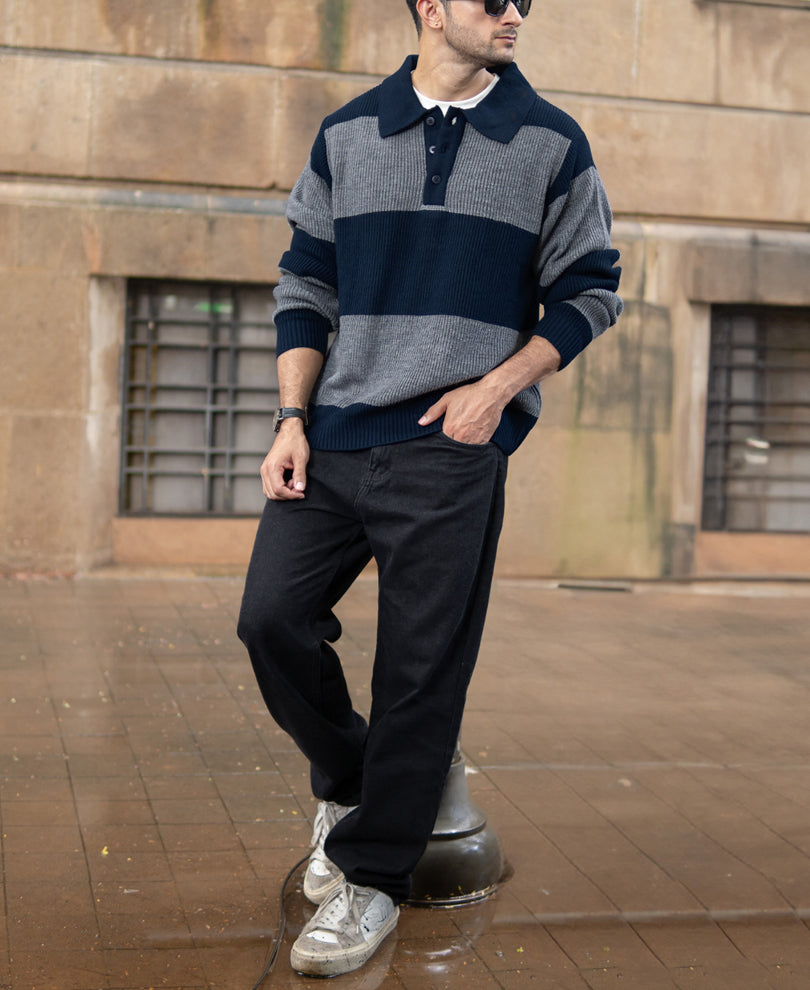 Grey And Navy Knit Striped Polo Sweater