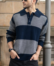 Grey And Navy Knit Striped Polo Sweater