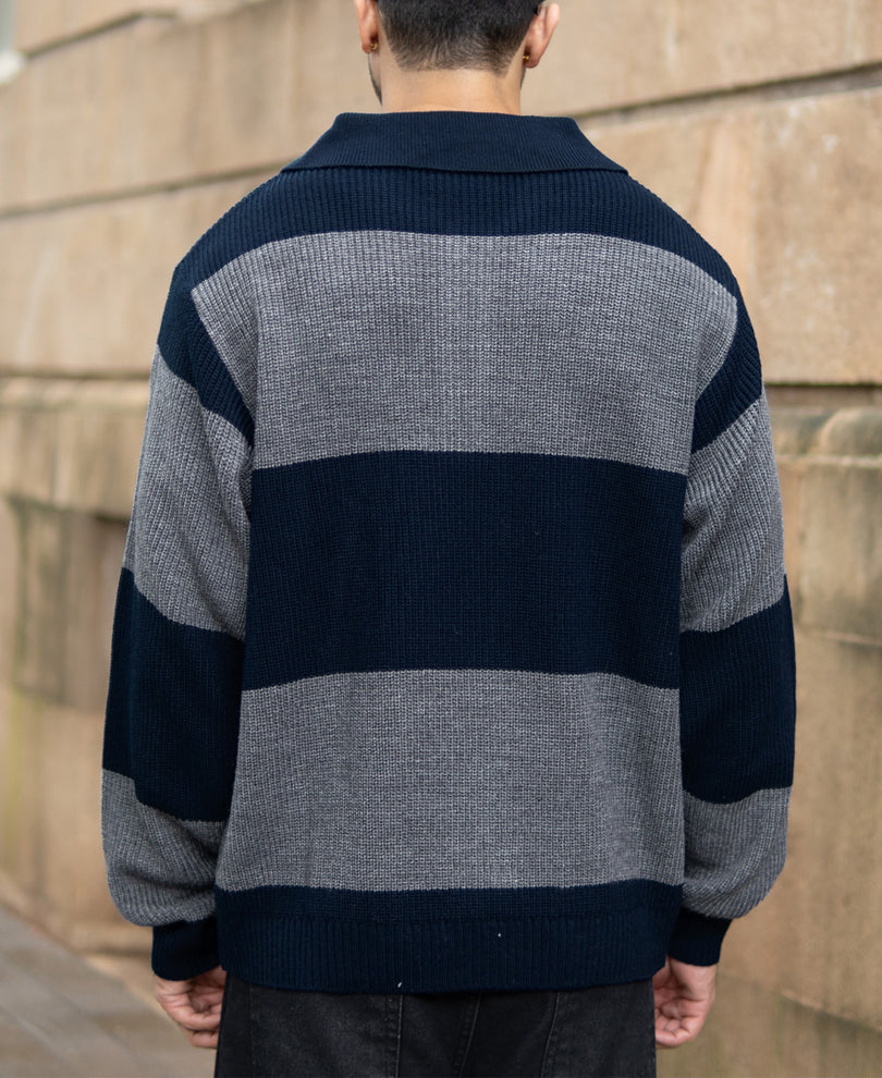 Grey And Navy Knit Striped Polo Sweater