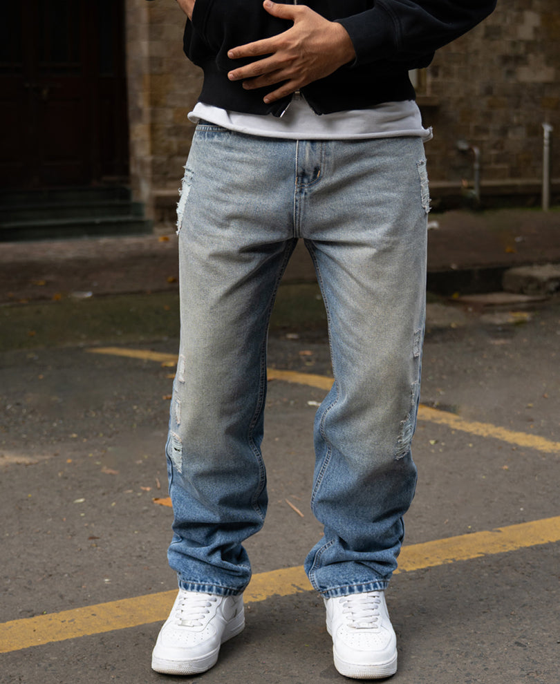 Mid Blue Baggy Distressed Jeans