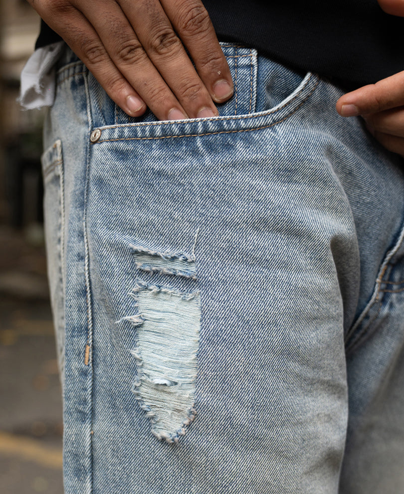 Mid Blue Baggy Distressed Jeans