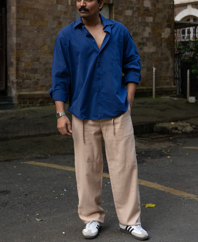 Beige Structured Cotton Trouser