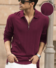 Wine Knitted Zipper Polo T-Shirt.