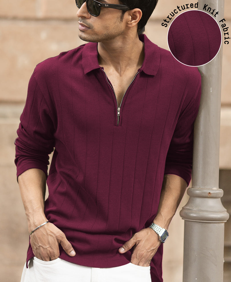 Wine Knitted Zipper Polo T-Shirt.
