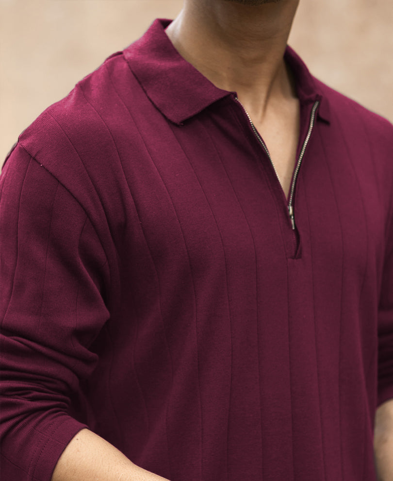 Wine Knitted Zipper Polo T-Shirt