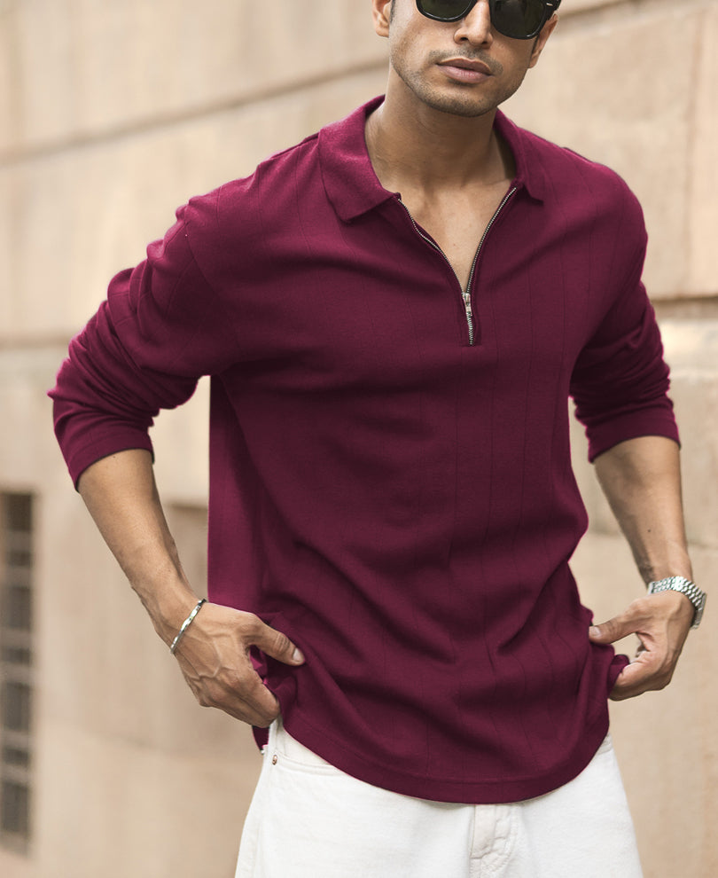 Wine Knitted Zipper Polo T-Shirt