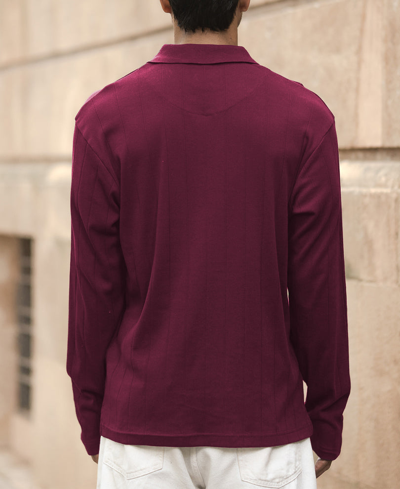 Wine Knitted Zipper Polo T-Shirt