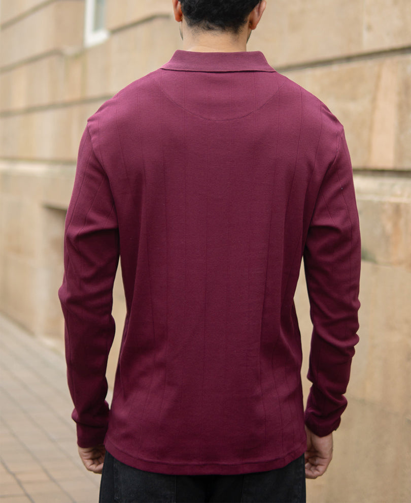 Wine Knitted Zipper Polo T-Shirt