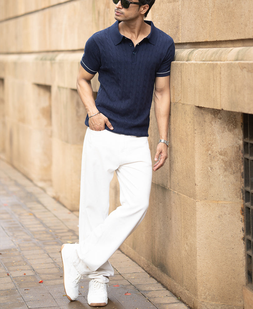 Navy Knitted Polo T-Shirt
