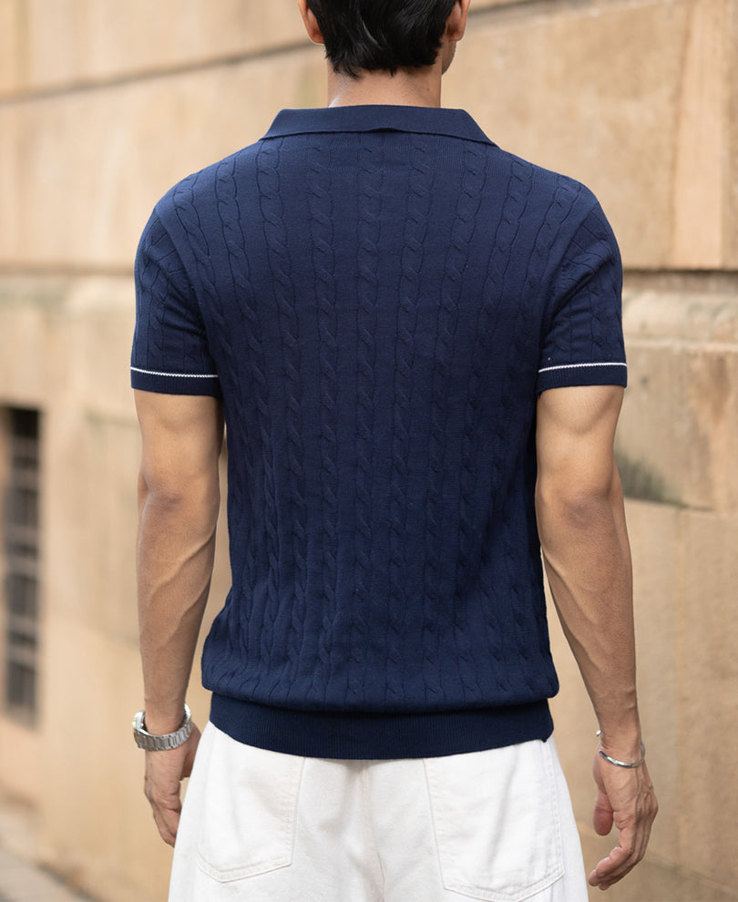 Navy Knitted Polo T-Shirt
