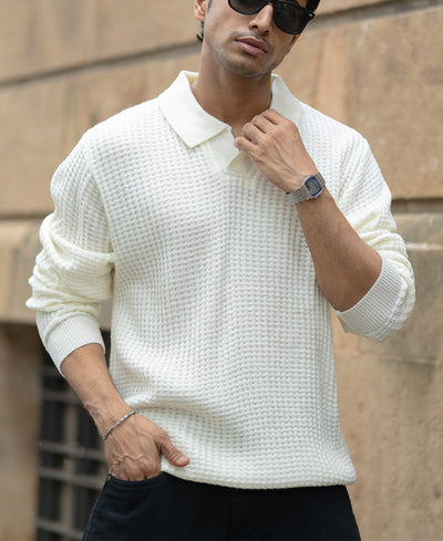Off White Knit Polo Neck Sweater