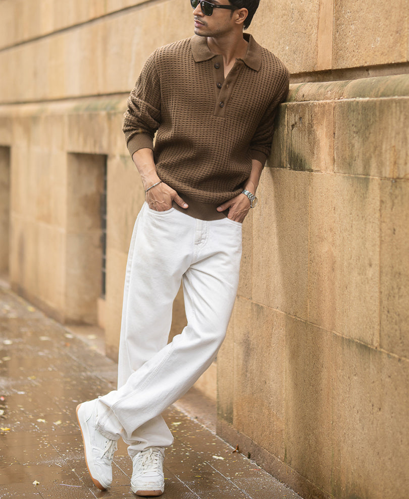 Dark Tan Structured Knit Polo T-Shirt