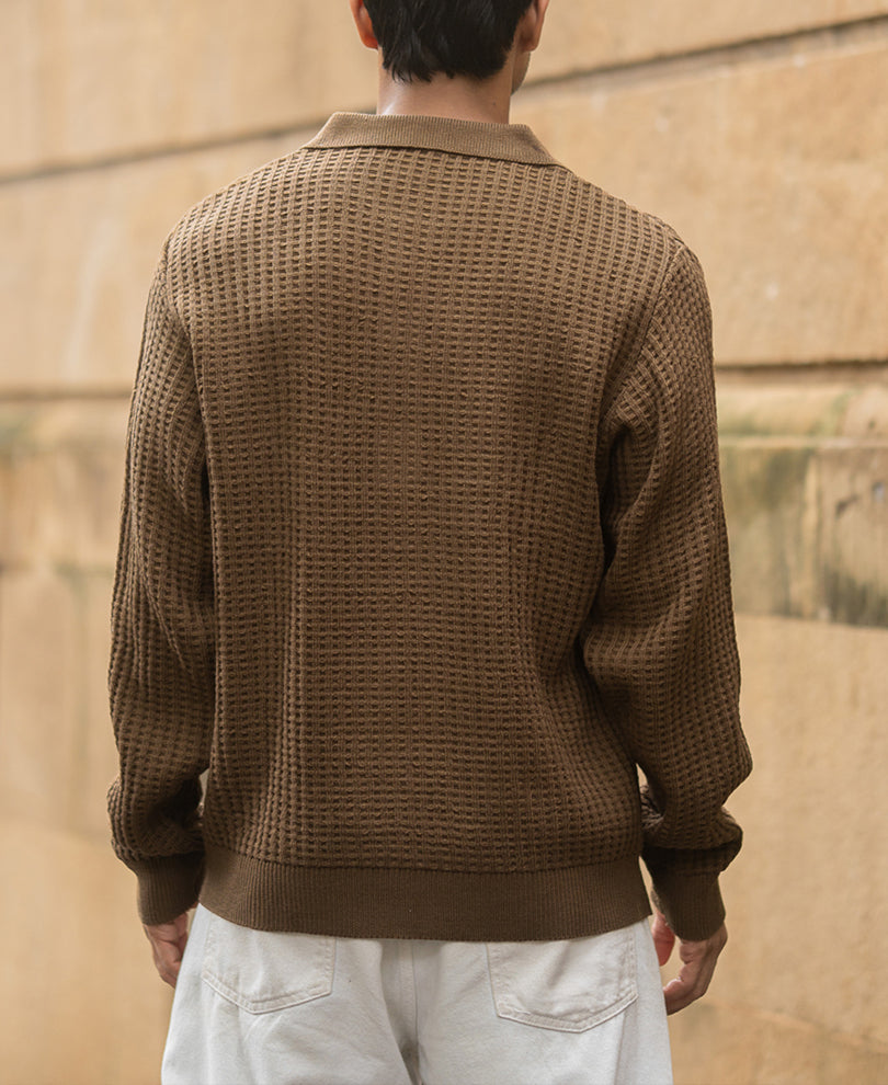 Dark Tan Structured Knit Polo T-Shirt