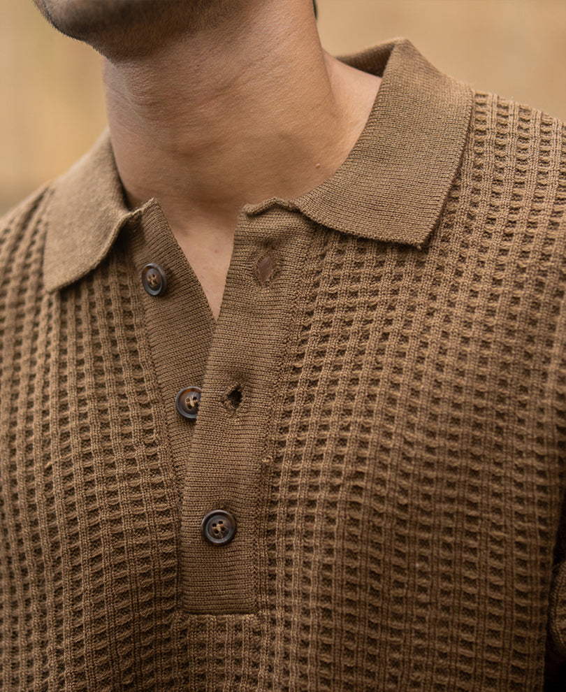 Dark Tan Structured Knit Polo T-Shirt