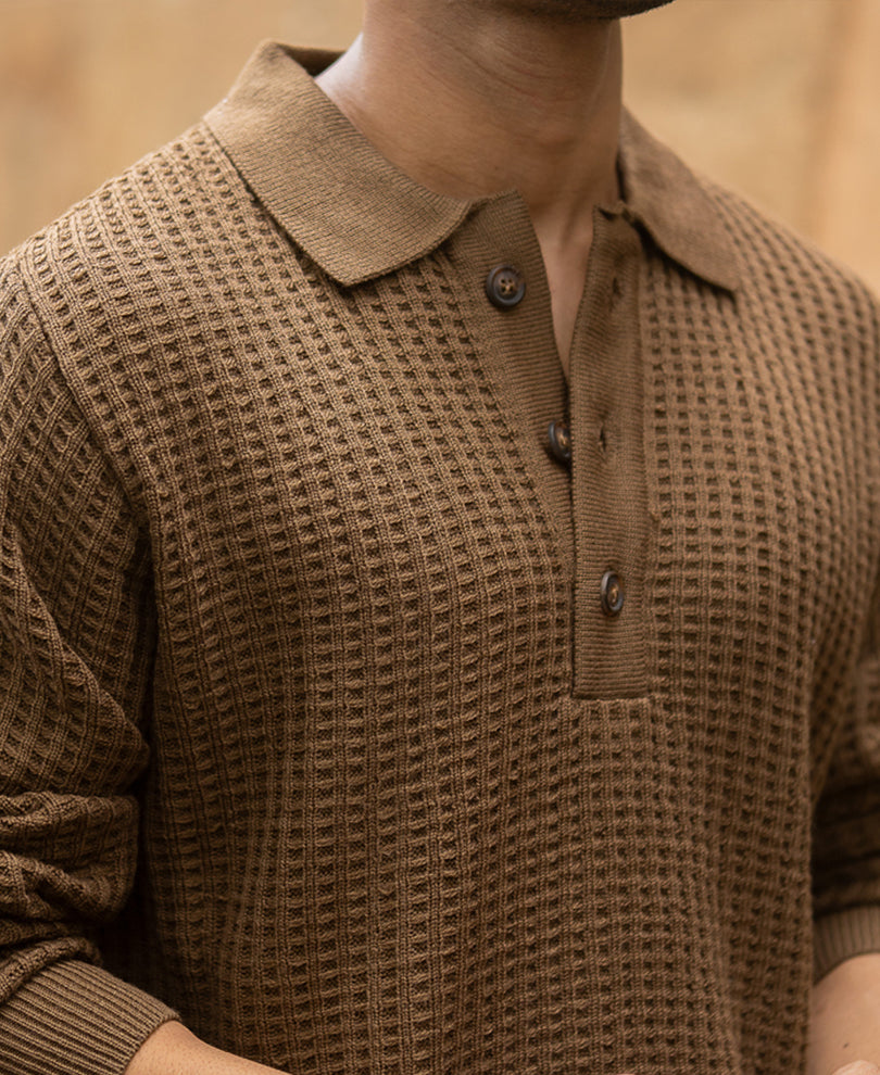 Dark Tan Structured Knit Polo T-Shirt