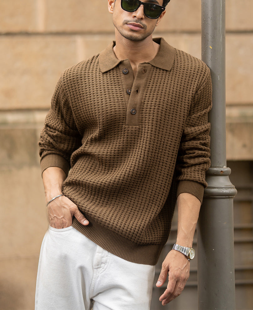 Dark Tan Structured Knit Polo T-Shirt