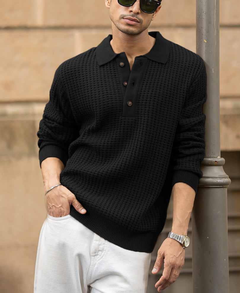 Black Structured Knit Polo T-Shirt