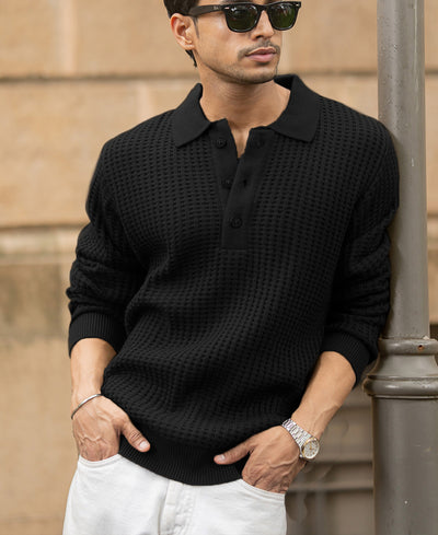 Black Structured Knit Polo T-Shirt