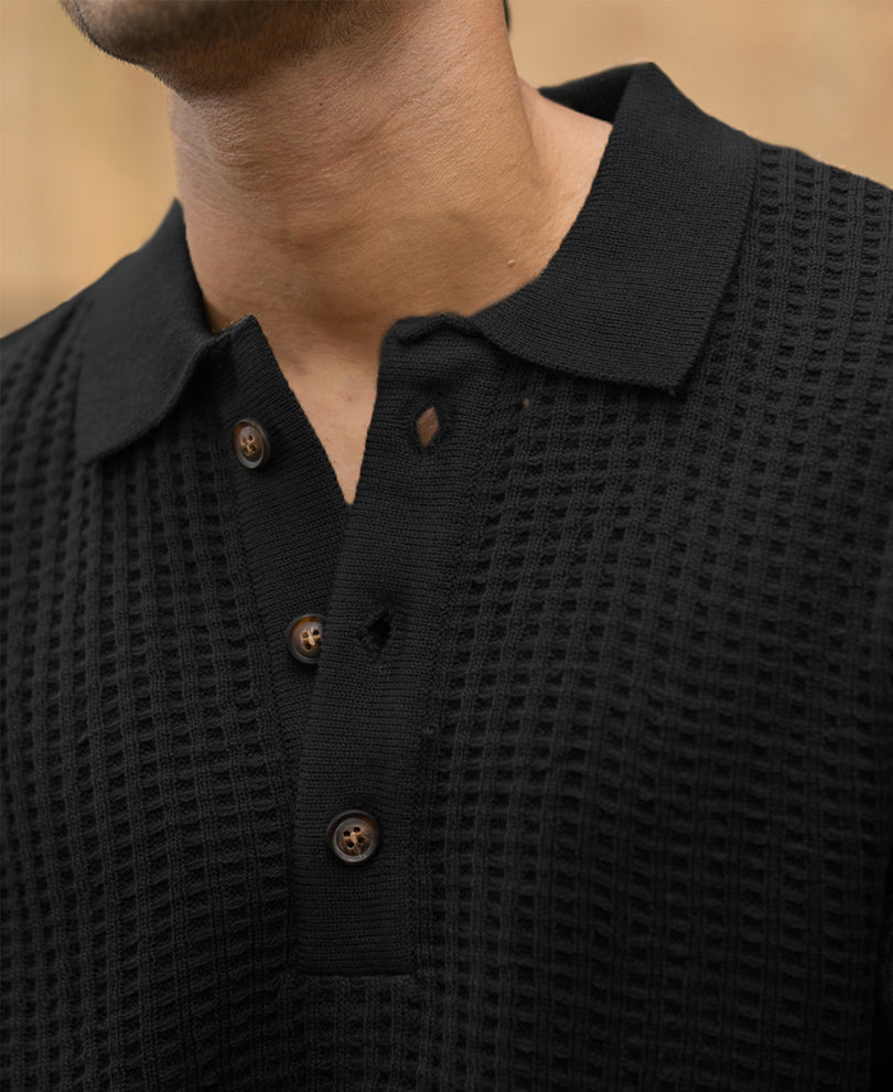 Black Structured Knit Polo T-Shirt – Powerlook