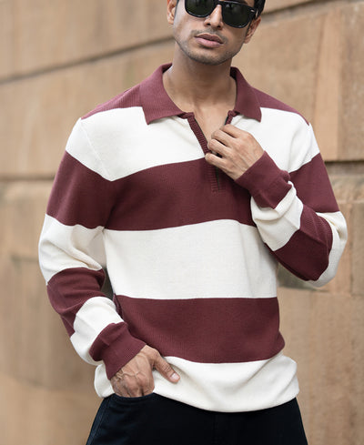 Brown Knit Striped Zipper T-Shirt
