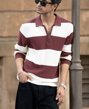 Brown Knit Striped Zipper T-Shirt