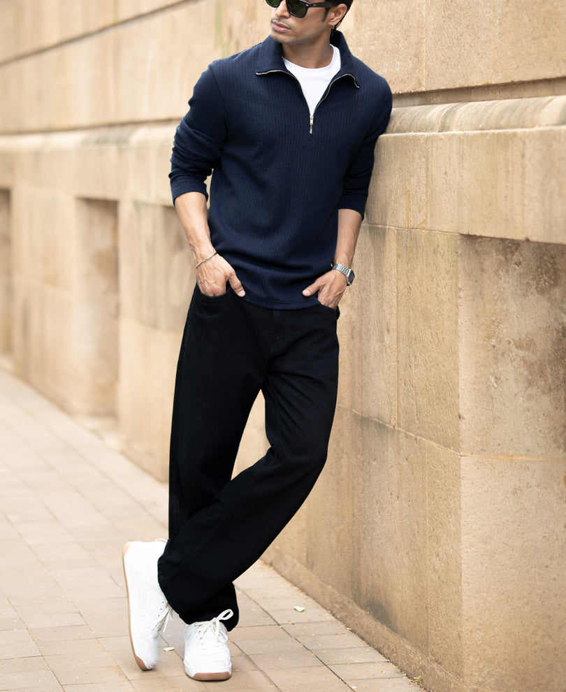 Denim Blue Structured Zipper T-Shirt