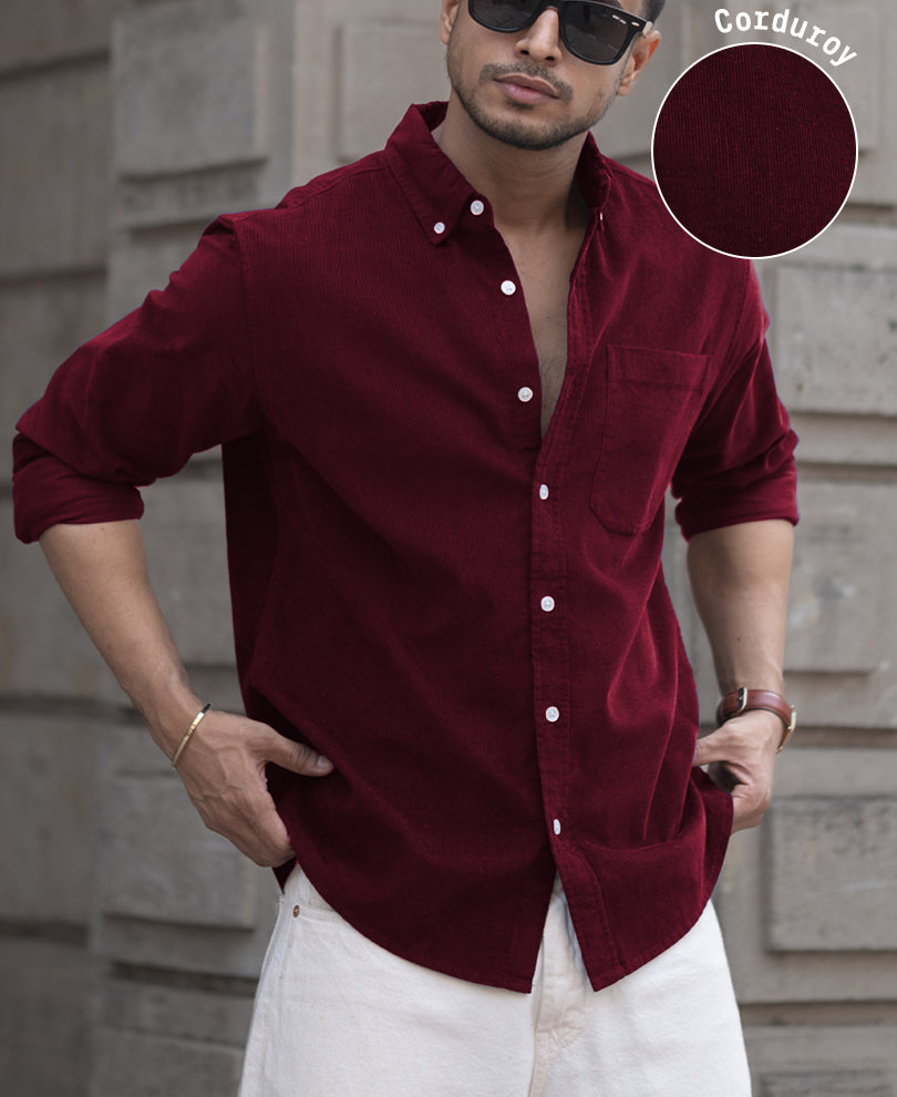 Wine Corduroy Regular Fit Full Sleeves Shirt 100% Cotton