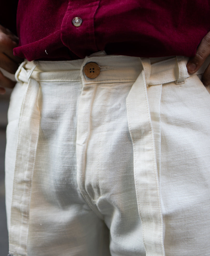Cream Cotton Pants With Belt