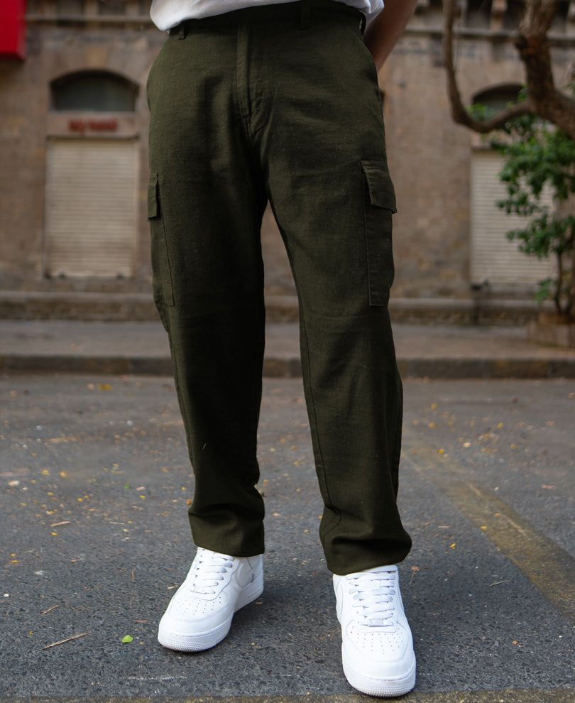 Olive Structured Cotton Trouser